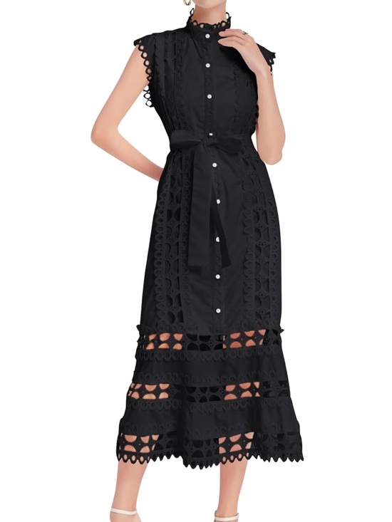 Lai Meng Five Cats Dresses & Skirts - Black Lace-Trim Midi Shirt Dress with Waist Tie